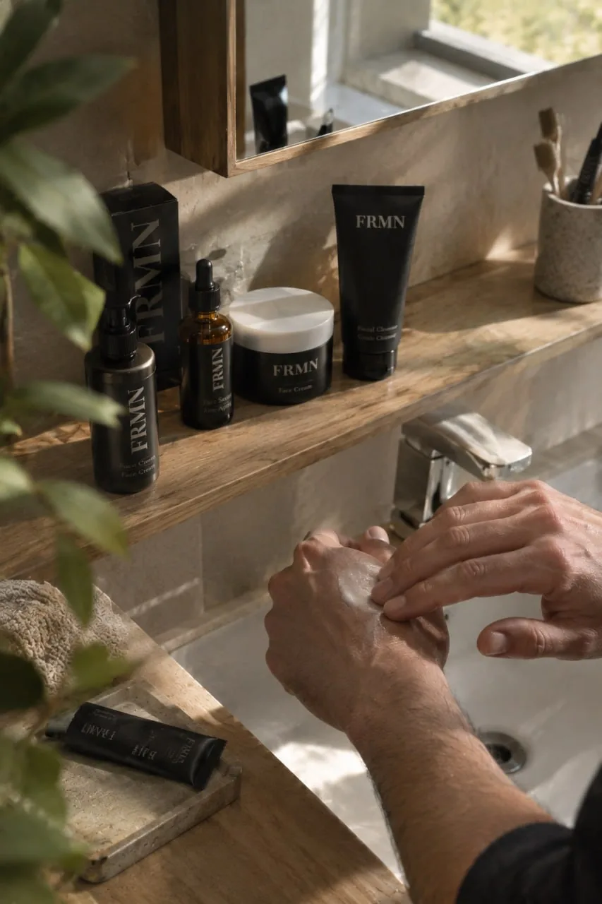 FRMN face care products on a bathroom shelf